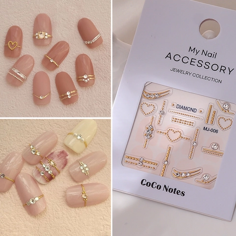 5D Embossed Nail Art Stickers Hot Stamping Golden Silver Lines Heart Rhinestone Decals DIY Manicure Accessories