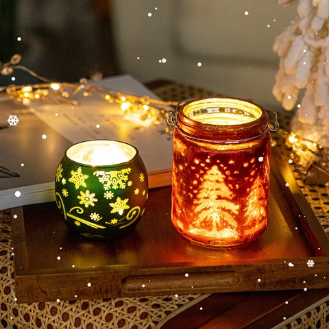 Christmas Glass Candle Holder Lantern Frosted Decorative Tea Light Holder With Metal Handle For Holiday Table Decor