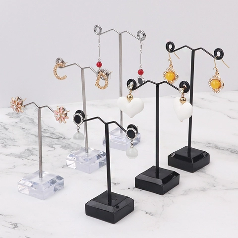 Earring Display Stand Metal T-Shape Jewelry Rack With Acrylic Base Desktop Stud Holder Organizer Showcase