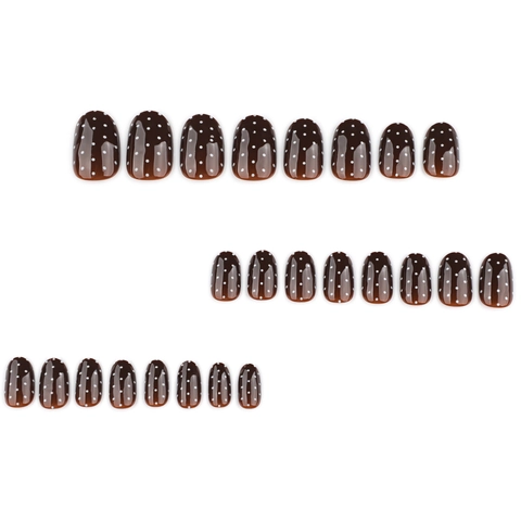 Unghie Finte A Pressione Marroni Lucide A Pois Corte Ovali Per Donne Suggerimenti Per Manicure Eleganti E Alla Moda