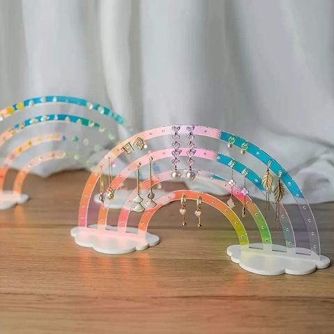 Acrylic Earring Display Rack Rainbow Shape Jewelry Organizer With Cloud Base Iridescent Desktop Stud Holder For Women