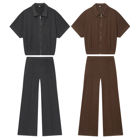 Women Pants Set Short Sleeve Zip Up Polo Top And High Waist Wide Leg Pants Solid Color Casual Loungewear Streetwear