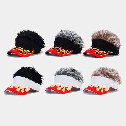 Cappello Visiera Parasole Novità Con Parrucca Capelli Finti Cotone Berretto Da Baseball Ricamo Fiamma Divertente Punk Unisex