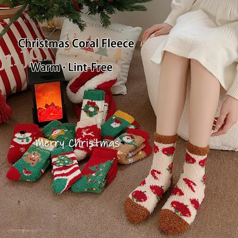 Calze Di Natale Pile Di Corallo Ispessite Caldo Termico Interno Casa Dormire Donne Carino Cartone Animato Babbo Natale Pupazzo Di Neve