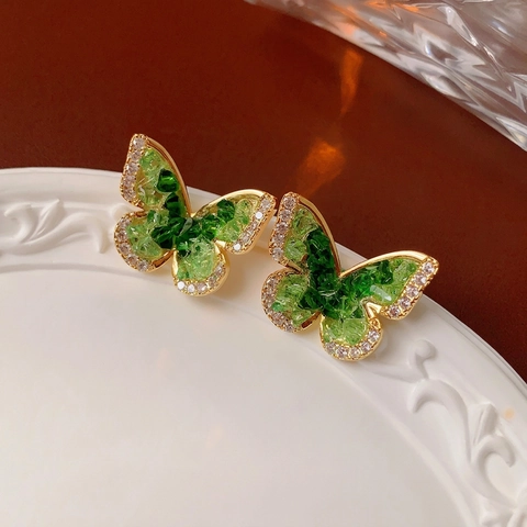 Pendientes De Mariposa Con Circonita De Cristal Verde Y Poste De Plata Cobre Chapado En Oro Elegantes Para Mujer