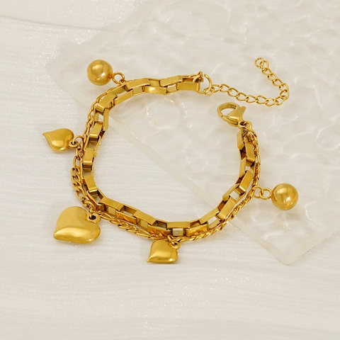 Zweilagiges Herz Anhänger Armband Vergoldeter Edelstahl Box Panzerkette Verstellbarer Modeschmuck Damen