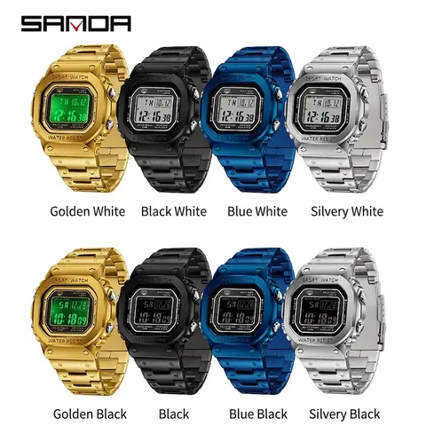 Men Luxury Square Digital Sports Watch Waterproof Stainless Steel Band Business Casual Fashion Multi-functional LED Backlight Electronic Wristwatch