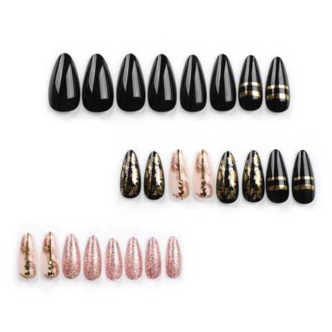 Lange Stiletto Aufklebe Nägel Schwarz Gold Design Goldfolie Strass Glitzer Luxus Künstliche Fingernägel Für Damen