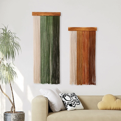 Macrame Wall Hanging Hand Woven Cotton Tassel Tapestry With Wood Rod Gradient Fringe Bohemian Nordic Home Decor