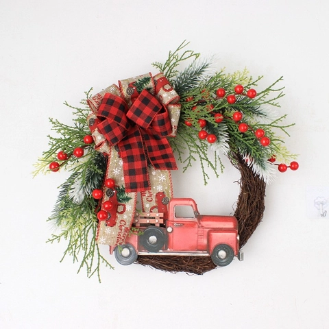 Corona De Navidad Camión Rojo Pino Artificial Bayas Lazo De Cuadros Base De Ratán Decoración De Puerta Pared