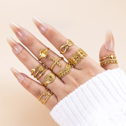 Anello Aperto In Acciaio Inossidabile Dorato Regolabile Sole Croce Occhio Luna Stella Gioielli Boho Minimalisti Donna