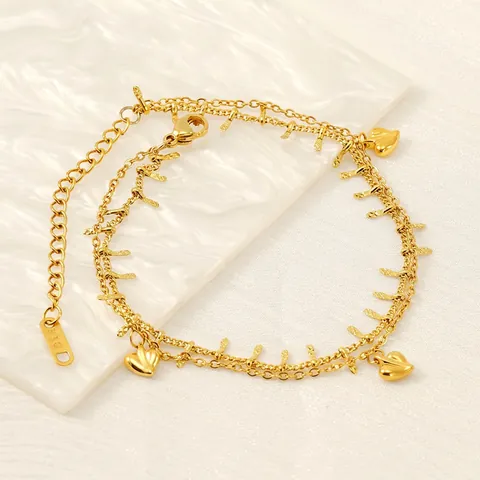 Double Layer Heart Pendant Anklet Stainless Steel 18K Gold Plated Artificial Pearl Foot Chain Jewelry For Women