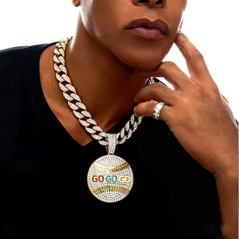 Collana Pendente Baseball Hip Hop Lettera GO GO GO Lega Strass Iced Out Catena Cubana Per Uomini Donne