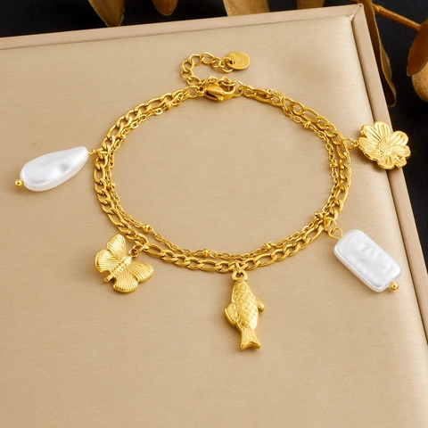 Bracciale Doppio Strato In Acciaio Inossidabile Placcato Oro Donna Pendente Farfalla Pesce Fiore Perla Artificial Imitazione Gioielli