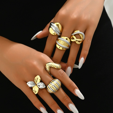 Anelli Aperti Regolabili Bicolore Oro E Argento Placcato Rame Geometrico Fiore Torsade Croissant Gioielli Donne