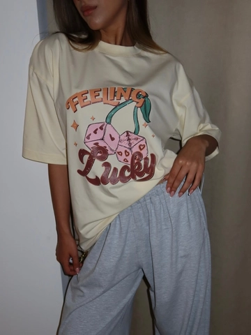 Maglietta Da Donna Stampata Feeling Lucky Misto Cotone Maniche Corte Girocollo Top Streetwear Retrò Americano