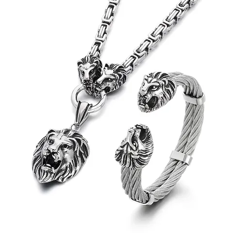 Men's Stainless Steel Lion Head Byzantine Chain Necklace And Open Cuff Bangle Retro Punk Hip Hop Gothic Jewelry