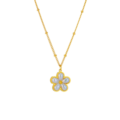 Five Petal Flower Artificial Pearl Necklace And Stud Earrings With 925 Sterling Silver Earring Post Stainless Steel Gold Plated Women