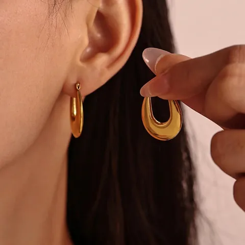 Minimalist Stainless Steel U-Shaped Chunky Hoop Earrings For Women 18K Gold Plated Geometric Tear Drop Ear Buckle Jewelry Gift