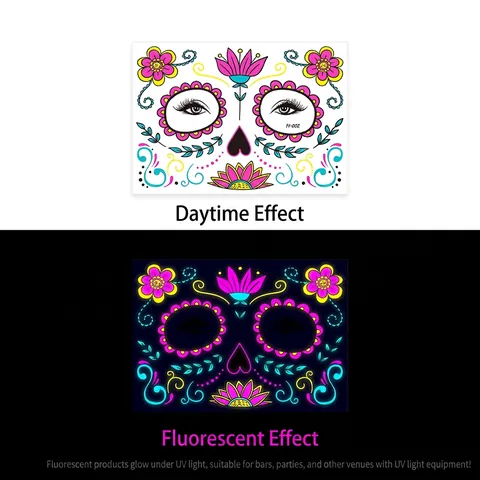 Halloween Fluorescente Temporal Cara Tatuaje Pegatinas Día de los Muertos Calavera de Azúcar Neón Brillo Cara Calcomanías