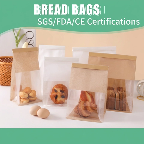 Bolsas De Embalaje Para Pan Tostado Papel Kraft Con Ventana Transparente Cierre De Corbata De Estaño A Prueba De Aceite