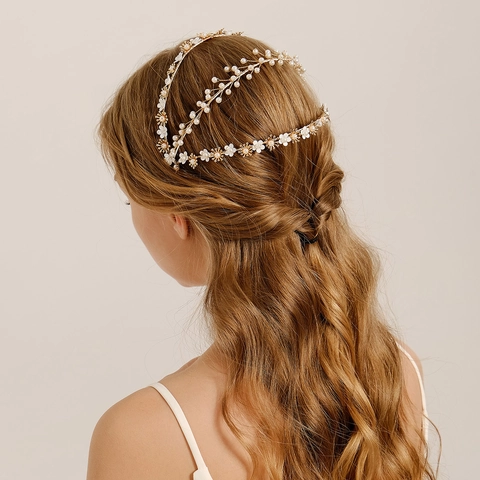 Handgemacht Gold Kupferdraht Braut Haarranke Mit Weißen Acrylblumen Und Imitationsperlen Hochzeit Stirnband Für Damen Schmuck