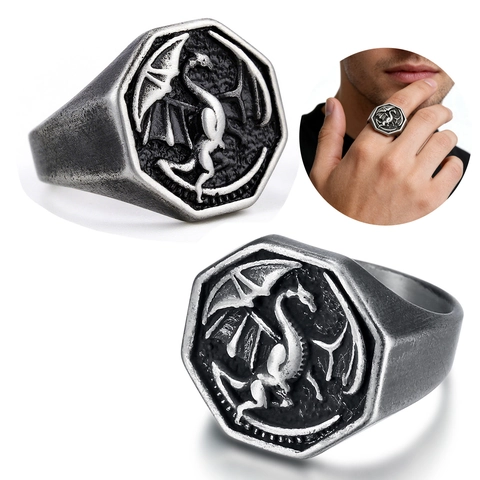 Dragon Signet Ring 316L Stainless Steel Vintage Octagonal Viking Biker Punk Jewelry For Men