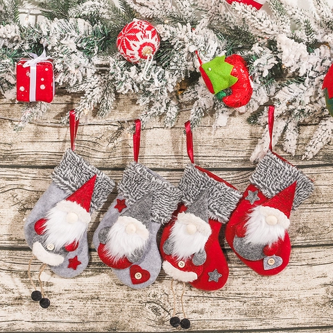 Calze di Natale Gnomo Nordico Bordo in Pelliccia Sintetica Grigio Rosso Tessuto Calze Appese per Albero di Natale Casa