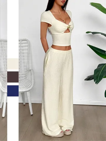 Damen Geribde Gebreide Crop Top Met Korte Mouwen En Wijde Pijpen Met Hoge Taille Outfits Zeester Elegant Casual