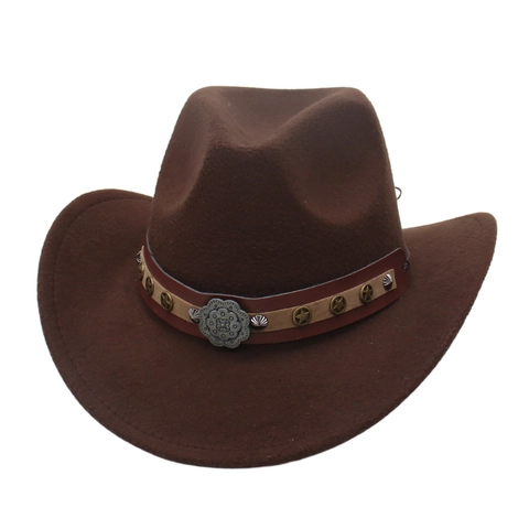 Western Cowboy Hat Polyester Felt Wide Brim Star Rivets Floral Buckle Retro Ethnic Sun Hat For Women Men