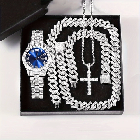 Luxury Hip Hop Alloy Rhinestone Men Quartz Watch Cuban Chain Necklace Bracelet Cross Pendant Jewelry Combination Silver
