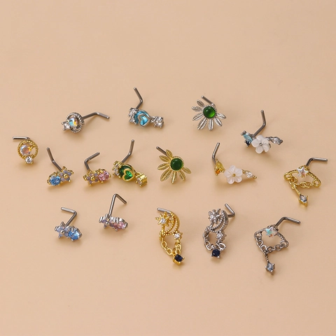 Piercing De Nariz En L Acero Inoxidable Cobre Circón Incrustado Flor Hoja Luna Estrella Joyería Corporal Mujeres