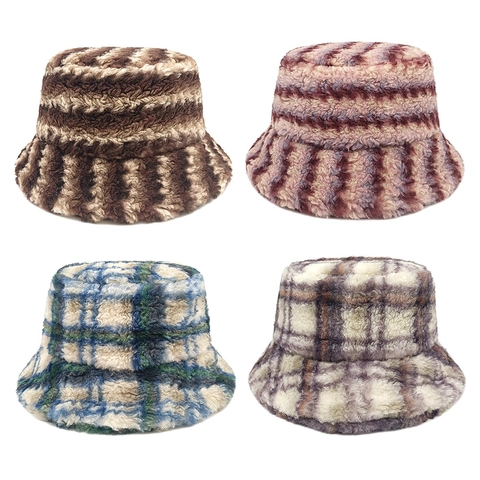 Cappello Alla Pescatora Peluche Pelliccia Sintetica Caldo Inverno Righe Quadri Donna Moda Streetwear