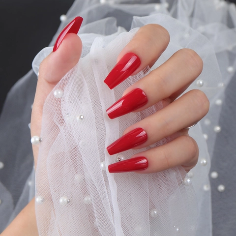Unghie Finte Adesive Lucide Medie Lunghe Forma Ballerina Bara Tinta Unita Rivestimento UV Resistenti Artificiali