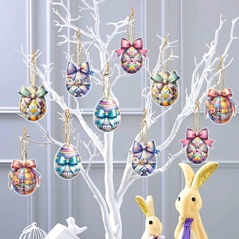 Easter Egg Hanging Tags Cardboard Ornaments With Twine Bows Party Decoration Gift Labels Colorful Floral Geometric