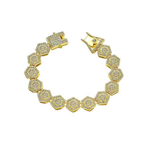 Bracciale da Uomo Hip Hop Hexagon Link Lega con Strass Bianchi Catena Lussuoso Punk Gioielli Placcato Oro Argento Accessorio Moda
