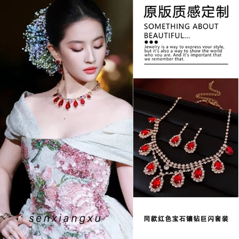 Elegante Collana E Orecchini In Rame Con Pietra Preziosa Rossa E Strass Goccia D'acqua Gioielli Di Moda Per Donne