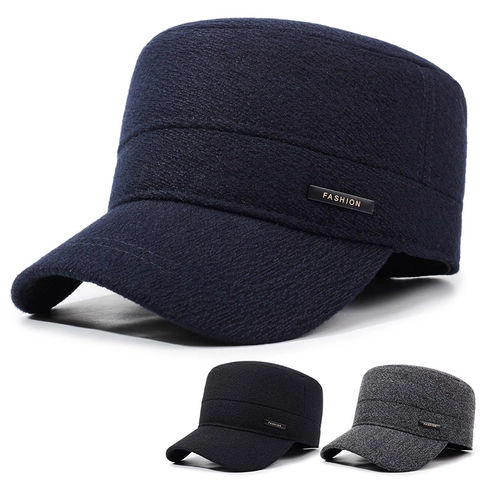Gorra Cadet Hombre Invierno Cálida Forro Polar Plana Militar Con Orejeras Resistente Al Viento Ajustable Decoración Metal