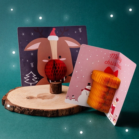 3D Christmas Pop Up Greeting Cards Honeycomb Paper Ball Santa Claus Reindeer Snowman Holiday Gift With Envelopes Stickers