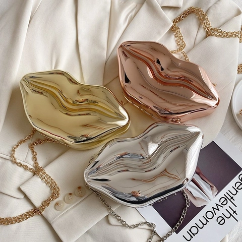 Sexy Lip Shape Crossbody Bag PVC Acrylic Hard Shell Evening Clutch With Gold Chain Strap For Women Party Streetwear