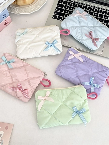 Quilted Mini Coin Purse Bowknot Cosmetic Storage Bag Portable Makeup Pouch Zipper Lanyard Cute Macaron Color Women