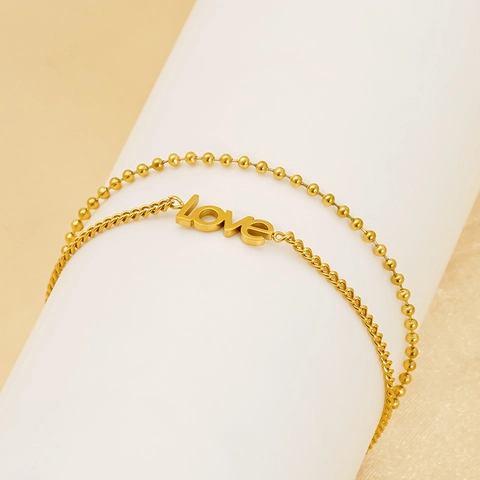 Doppelschichtiges Edelstahl Armband Mit Love Buchstaben Anhänger 18K Vergoldet Perlenkette Gliederkette Für Frauen Mode