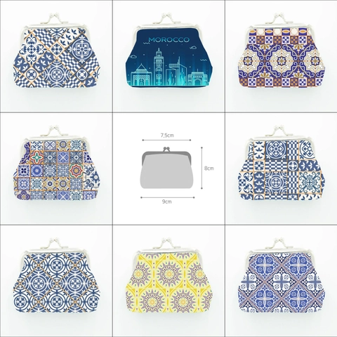 Moroccan Arabian Style Coin Purse PU Leather Mini Change Wallet Metal Clasp Retro Geometric Tile Print For Women Kids
