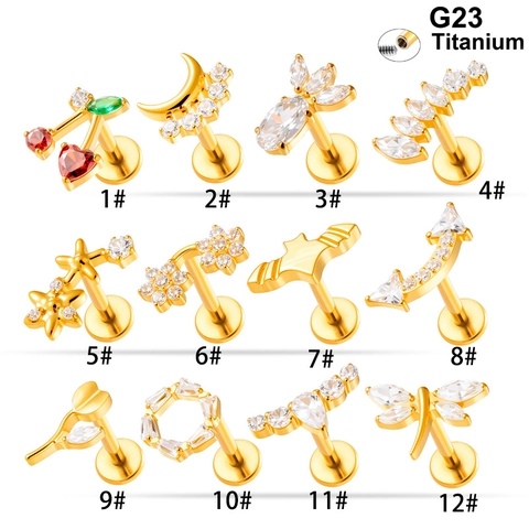 G23 Titane Labret Stud Filetage Interne Zircone Cerise Lune Fleur Oreille Cartilage Tragus Piercing Bijoux