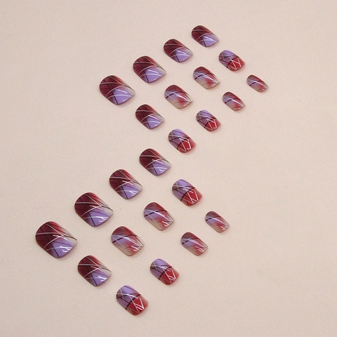 Purple Pink Gradient Press On Nails With Silver Geometric Lines High Gloss Short Square Artificial Fingernails For Women