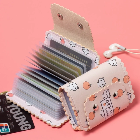 Kawaii Cartoon Card Holder PU Leather Multi Slot Large Capacity Mini Wallet Scallop Edge For Women Students