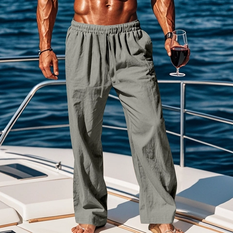 Men Casual Pants Linen Blend Drawstring Elastic Waist Summer Vacation Style Solid Color Loose Fit Straight Leg Breathable