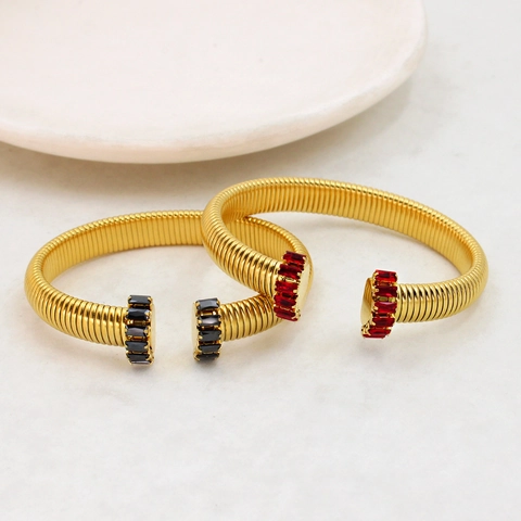 Bracciale Rigido Aperto a Spirale in Acciaio Inossidabile Tubogas per Donna Placcato Oro con Intarsio in Zirconia Gioielli Hip Hop