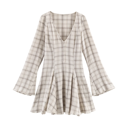Women Plaid Mini Dress V Neck Long Flare Sleeves High Waist Textured Fabric Elegant Sweet Vintage Style