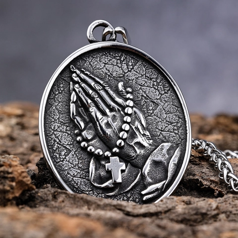 Vintage Roestvrijstalen Biddende Handen Hanger Ketting Retro Religieus Kruis Rozenkrans Ontwerp Sieraden Voor Heren Dames